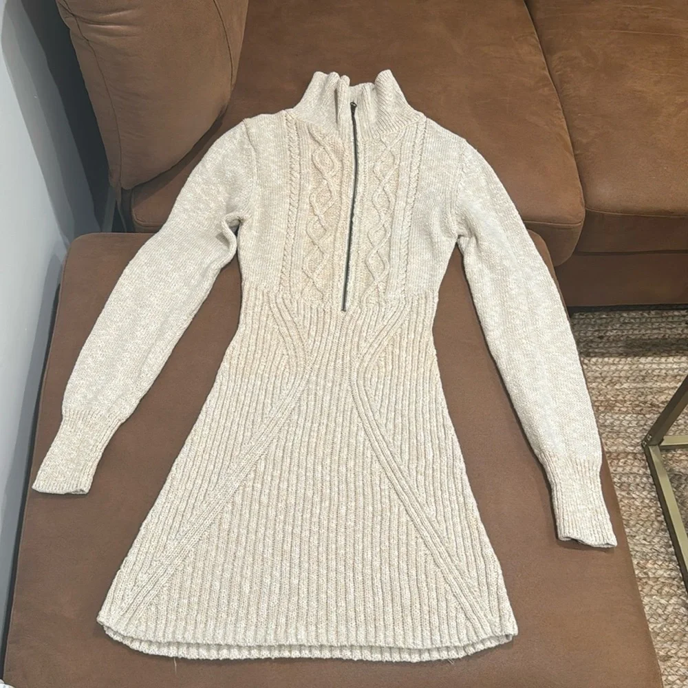 Free People Women's Tan Knitted Zip Up Bodycon Mont Blanc Mini Sweater Dress - M - Picture 2 of 8